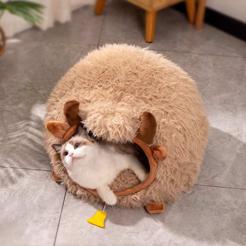 Cozy Plush Farmhouse Cat Cave Bed