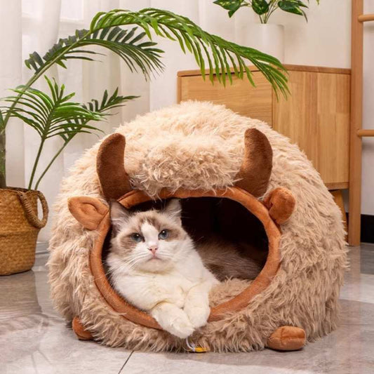 Cozy Plush Farmhouse Cat Cave Bed